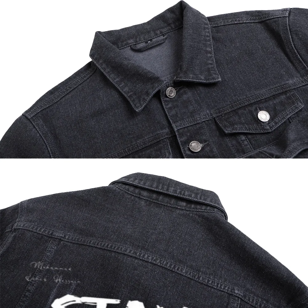 Mens Vintage Spirit Letter Graphic Button Up Denim Jacket